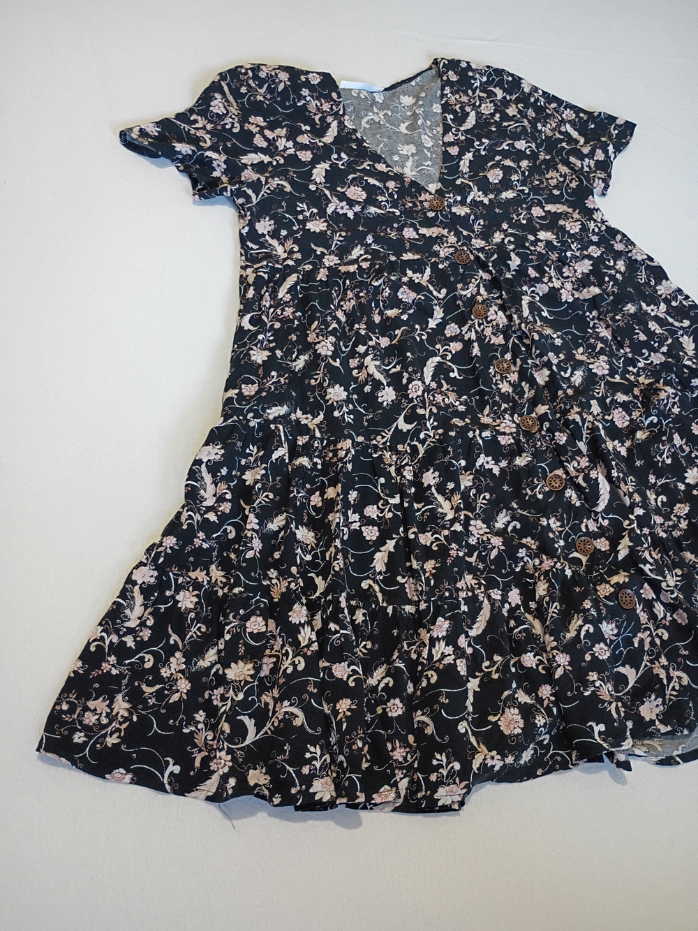Ces Femme Flowy Black Floral Midi Dress with Pink Accents Brown Buttons Size M